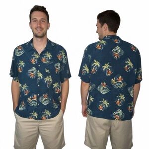 Rick’s Cafe Hawaiian Camp Shirt Men’s XLT Tall Blue 100% Rayon Tropical Palm